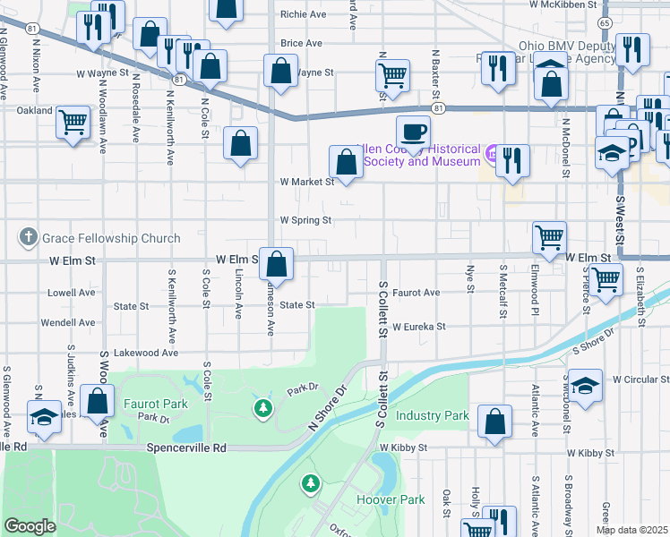 map of restaurants, bars, coffee shops, grocery stores, and more near 861 W Elm St in Lima