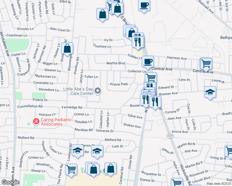 map of restaurants, bars, coffee shops, grocery stores, and more near 3650 Farm Ranch Road South in Bethpage
