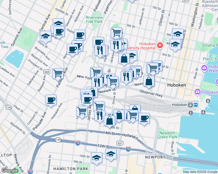 map of restaurants, bars, coffee shops, grocery stores, and more near 610 Newark Street in Hoboken