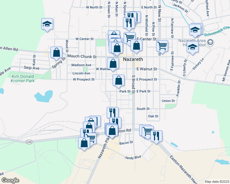 map of restaurants, bars, coffee shops, grocery stores, and more near 300 South Main Street in Nazareth
