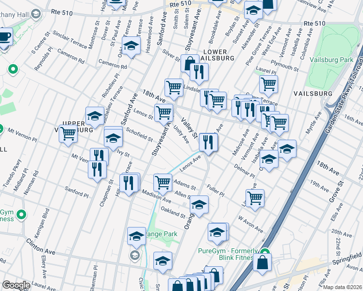 map of restaurants, bars, coffee shops, grocery stores, and more near 29-31 Underwood Street in Newark
