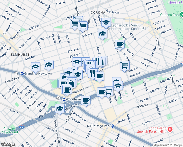 map of restaurants, bars, coffee shops, grocery stores, and more near 95-13 57th Avenue in Queens