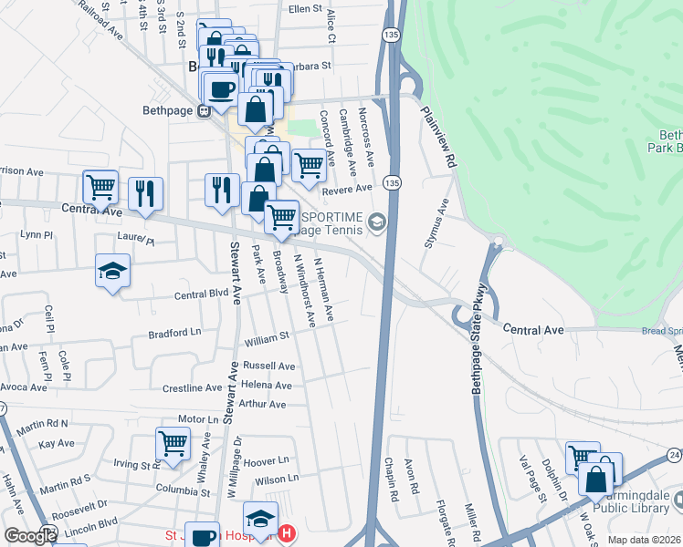 map of restaurants, bars, coffee shops, grocery stores, and more near 6 Parma Drive in Bethpage