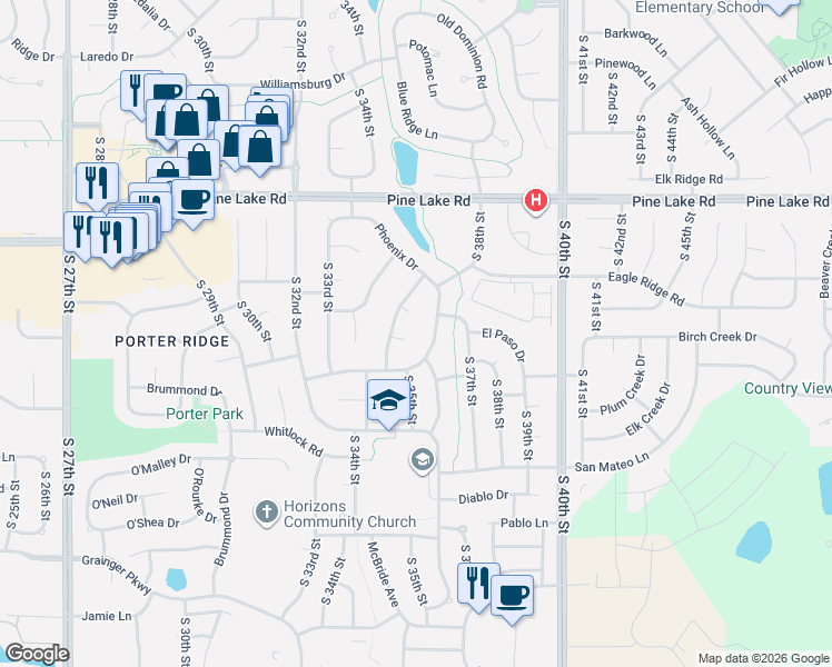 map of restaurants, bars, coffee shops, grocery stores, and more near 3520 Mesquite Circle in Lincoln