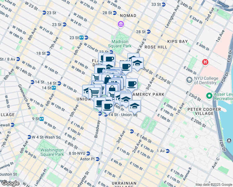 map of restaurants, bars, coffee shops, grocery stores, and more near 215 Park Avenue South in New York