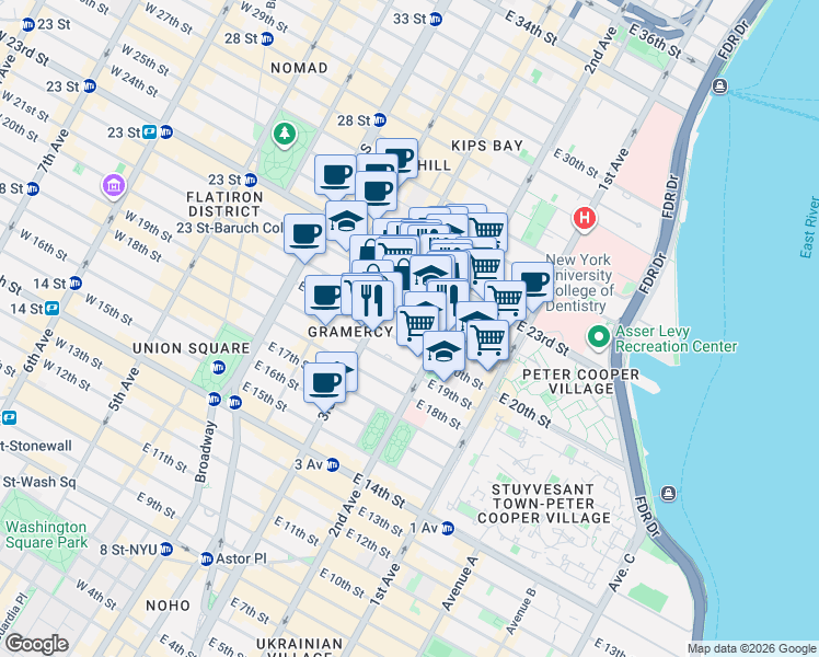 map of restaurants, bars, coffee shops, grocery stores, and more near 224-226 East 21st Street in New York