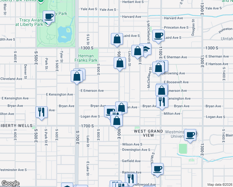 map of restaurants, bars, coffee shops, grocery stores, and more near 1504 900 East in Salt Lake City