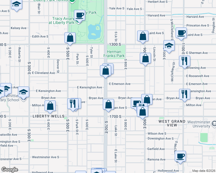 map of restaurants, bars, coffee shops, grocery stores, and more near 675 Kensington Avenue in Salt Lake City
