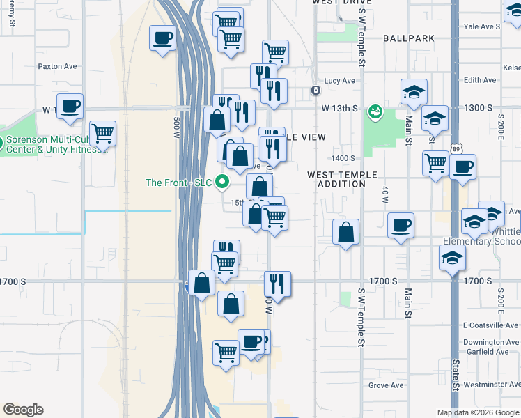map of restaurants, bars, coffee shops, grocery stores, and more near 309 15th South Street in South Salt Lake