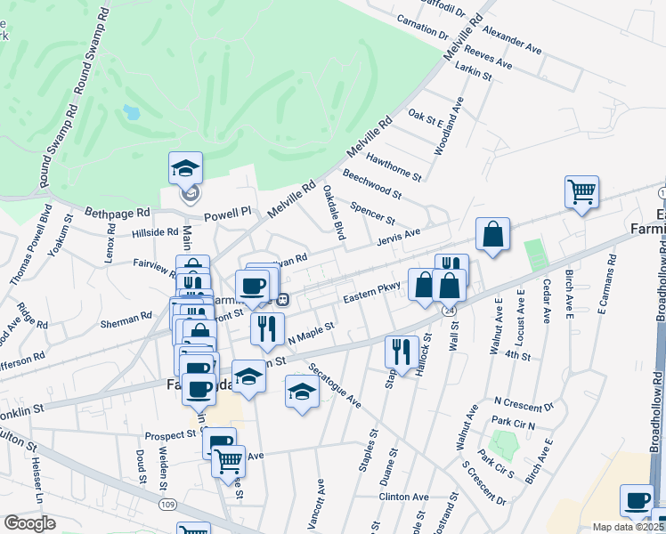 map of restaurants, bars, coffee shops, grocery stores, and more near 78 Sullivan Road in Farmingdale