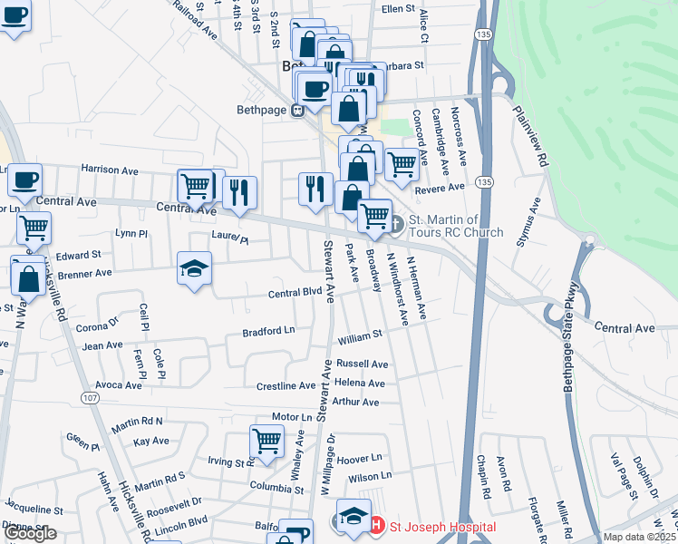 map of restaurants, bars, coffee shops, grocery stores, and more near 187 Park Avenue in Bethpage