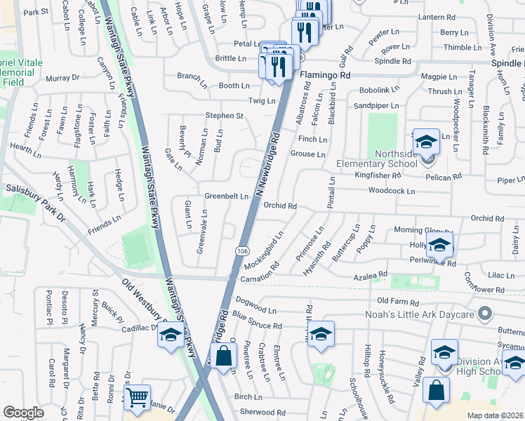 map of restaurants, bars, coffee shops, grocery stores, and more near in Levittown