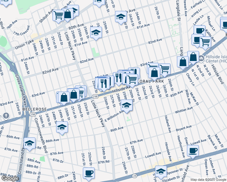 map of restaurants, bars, coffee shops, grocery stores, and more near 25803 Hillside Avenue in Queens