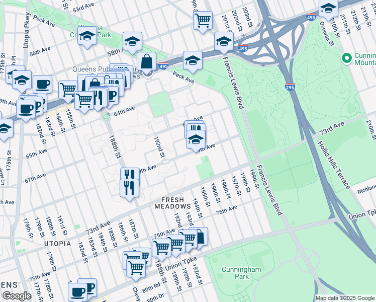 map of restaurants, bars, coffee shops, grocery stores, and more near 193-15B 69th Avenue in Queens