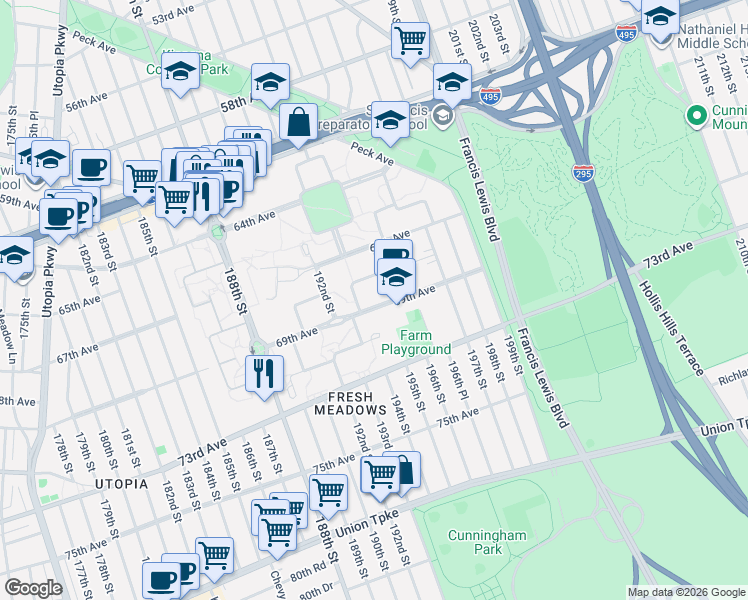 map of restaurants, bars, coffee shops, grocery stores, and more near 193-15B 69th Avenue in Queens