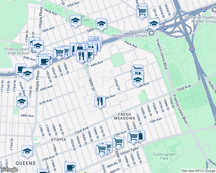 map of restaurants, bars, coffee shops, grocery stores, and more near 67-0-67-10 190th Ln in Queens