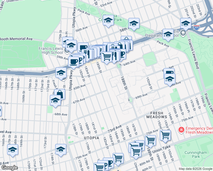 map of restaurants, bars, coffee shops, grocery stores, and more near 64-50 185th Street in Queens