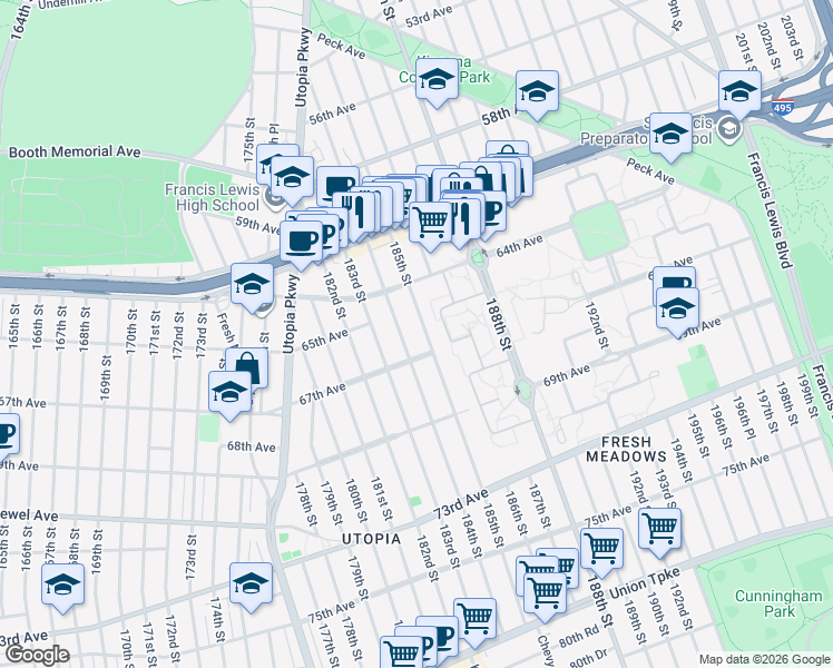 map of restaurants, bars, coffee shops, grocery stores, and more near 64-50 185th Street in Queens