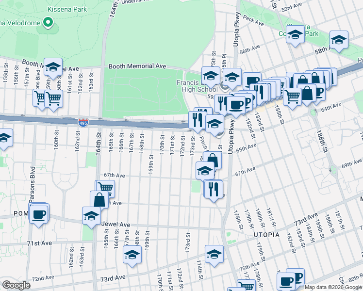 map of restaurants, bars, coffee shops, grocery stores, and more near 61-35 172nd Street in Queens