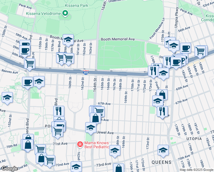 map of restaurants, bars, coffee shops, grocery stores, and more near 165-23 65th Avenue in Queens