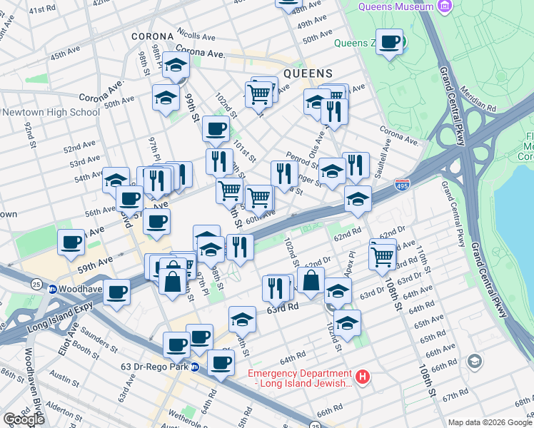 map of restaurants, bars, coffee shops, grocery stores, and more near 45 60th Avenue in Queens