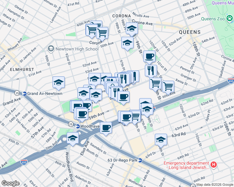 map of restaurants, bars, coffee shops, grocery stores, and more near 96-09 57th Avenue in Queens