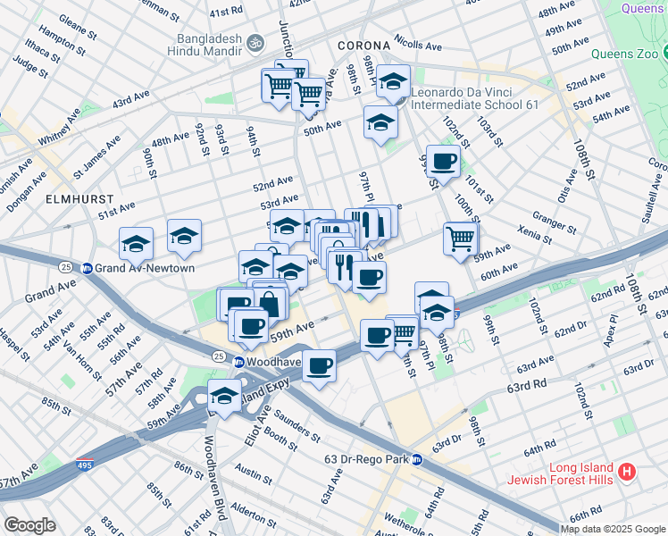 map of restaurants, bars, coffee shops, grocery stores, and more near 95-13 57th Avenue in Queens