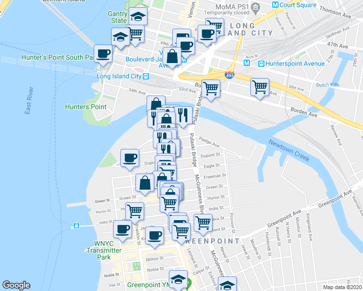 map of restaurants, bars, coffee shops, grocery stores, and more near 52 Box Street in Brooklyn