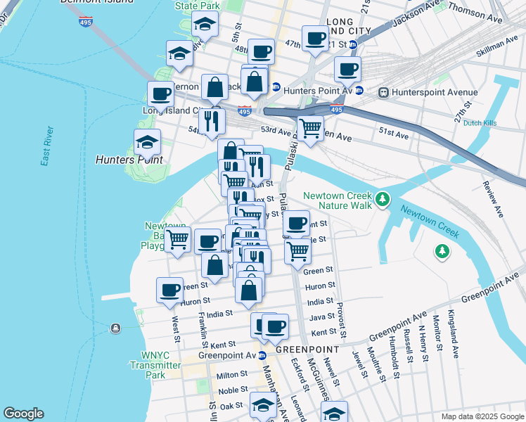 map of restaurants, bars, coffee shops, grocery stores, and more near 52 Box Street in Brooklyn