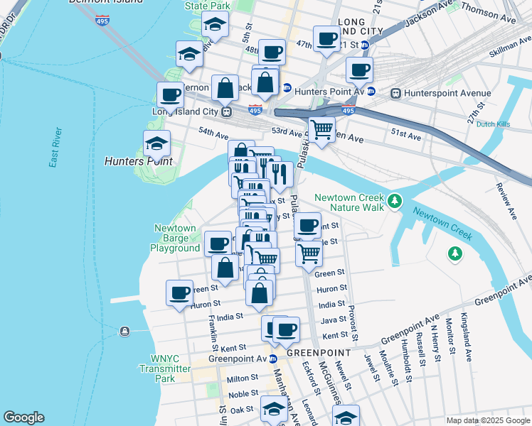 map of restaurants, bars, coffee shops, grocery stores, and more near 52 Box Street in Brooklyn