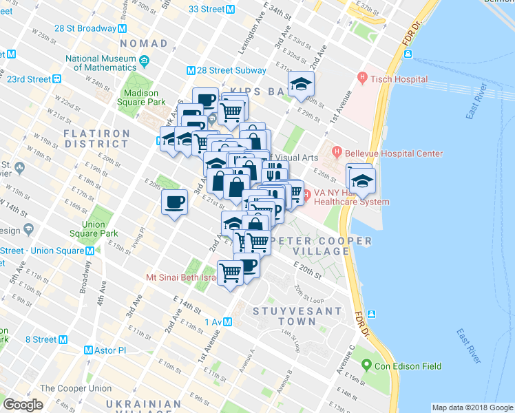 map of restaurants, bars, coffee shops, grocery stores, and more near 320 East 23rd Street in New York