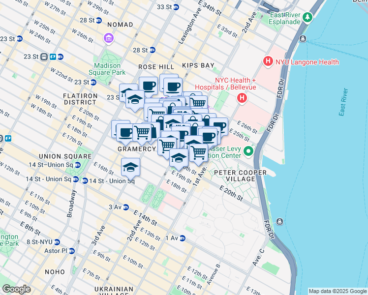 map of restaurants, bars, coffee shops, grocery stores, and more near 380 2nd Avenue in New York
