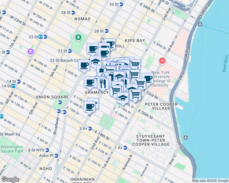 map of restaurants, bars, coffee shops, grocery stores, and more near 224 East 21st Street in New York