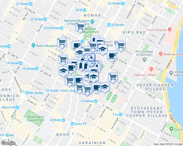 map of restaurants, bars, coffee shops, grocery stores, and more near 117 East 18th Street in New York