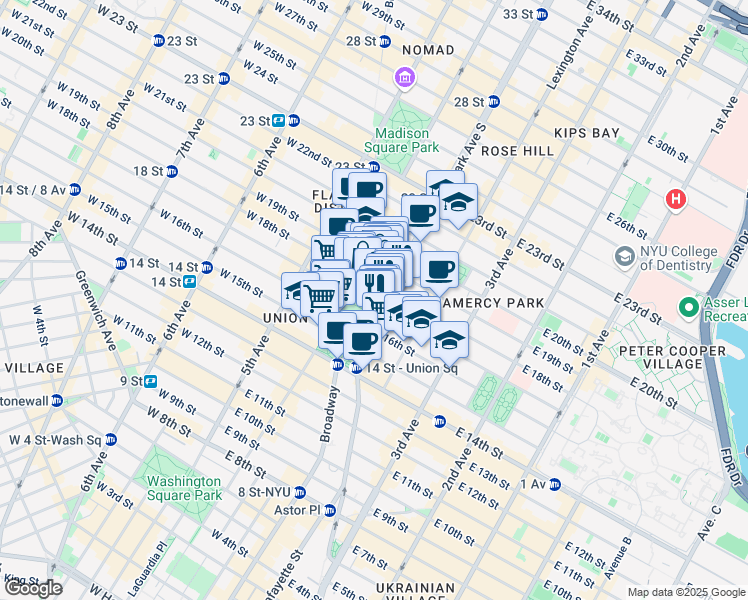 map of restaurants, bars, coffee shops, grocery stores, and more near 37 East 18th Street in New York