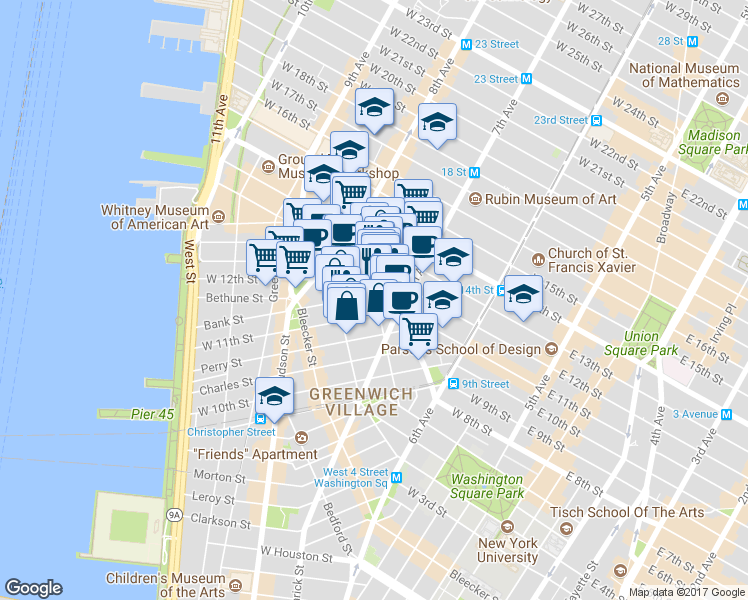 map of restaurants, bars, coffee shops, grocery stores, and more near 18 Bank Street in New York