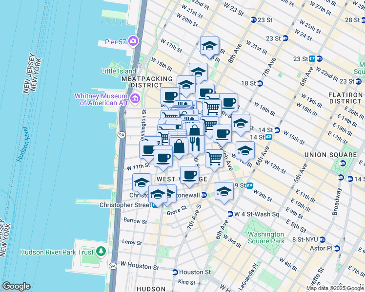 map of restaurants, bars, coffee shops, grocery stores, and more near in New York