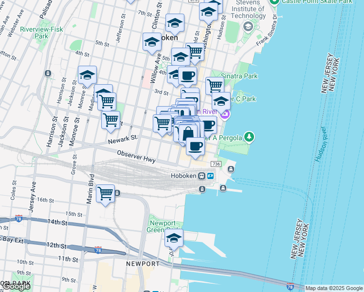 map of restaurants, bars, coffee shops, grocery stores, and more near in Hoboken