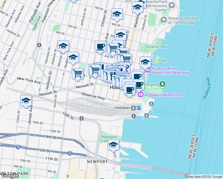 map of restaurants, bars, coffee shops, grocery stores, and more near 163 Newark Street in Hoboken