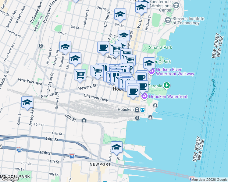map of restaurants, bars, coffee shops, grocery stores, and more near 163 Newark Street in Hoboken
