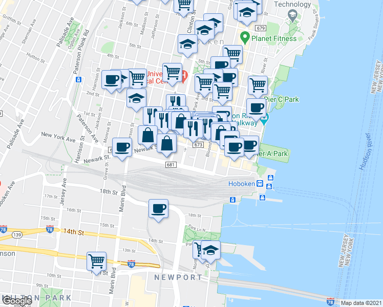 map of restaurants, bars, coffee shops, grocery stores, and more near 72 Park Avenue in Hoboken