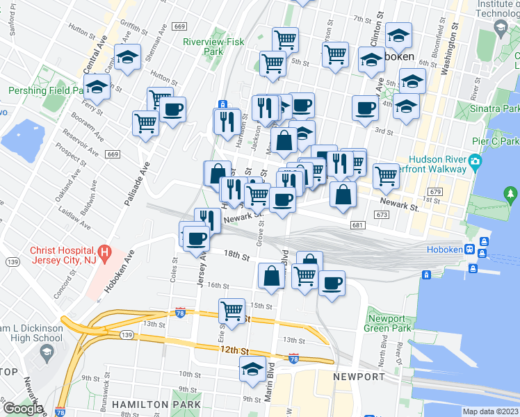 map of restaurants, bars, coffee shops, grocery stores, and more near 551 Observer Highway in Hoboken