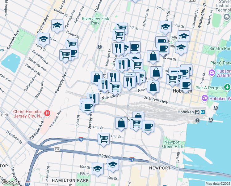 map of restaurants, bars, coffee shops, grocery stores, and more near 551 Observer Highway in Hoboken