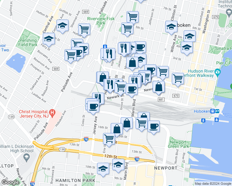 map of restaurants, bars, coffee shops, grocery stores, and more near 38 B Jackson Street in Hoboken