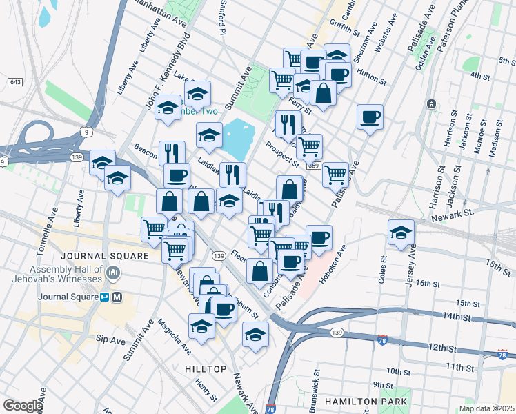 map of restaurants, bars, coffee shops, grocery stores, and more near 79 Laidlaw Avenue in Jersey City