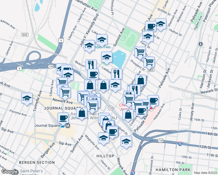 map of restaurants, bars, coffee shops, grocery stores, and more near 135 Hopkins Avenue in Jersey City
