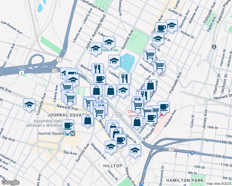 map of restaurants, bars, coffee shops, grocery stores, and more near 135 Hopkins Avenue in Jersey City