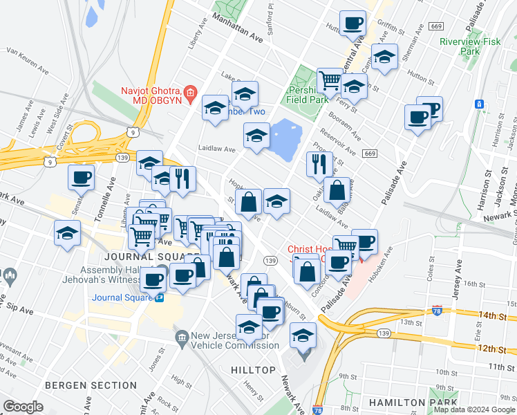 map of restaurants, bars, coffee shops, grocery stores, and more near 135 Hopkins Avenue in Jersey City