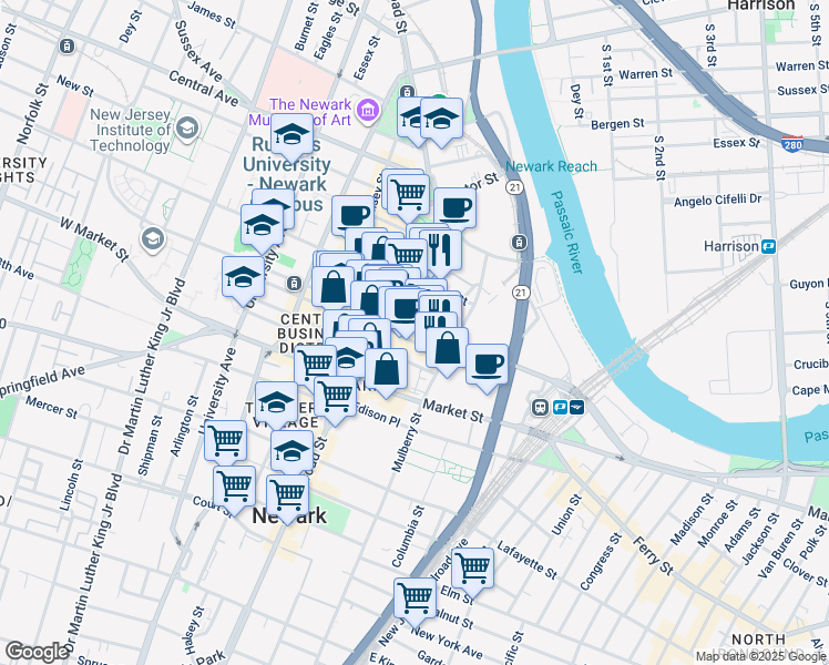 map of restaurants, bars, coffee shops, grocery stores, and more near 1152 Raymond Boulevard in Newark