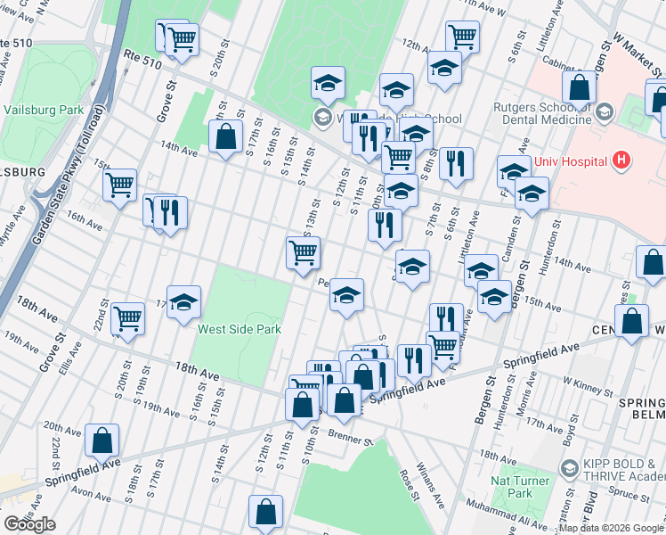 map of restaurants, bars, coffee shops, grocery stores, and more near 488 South 12th Street in Newark